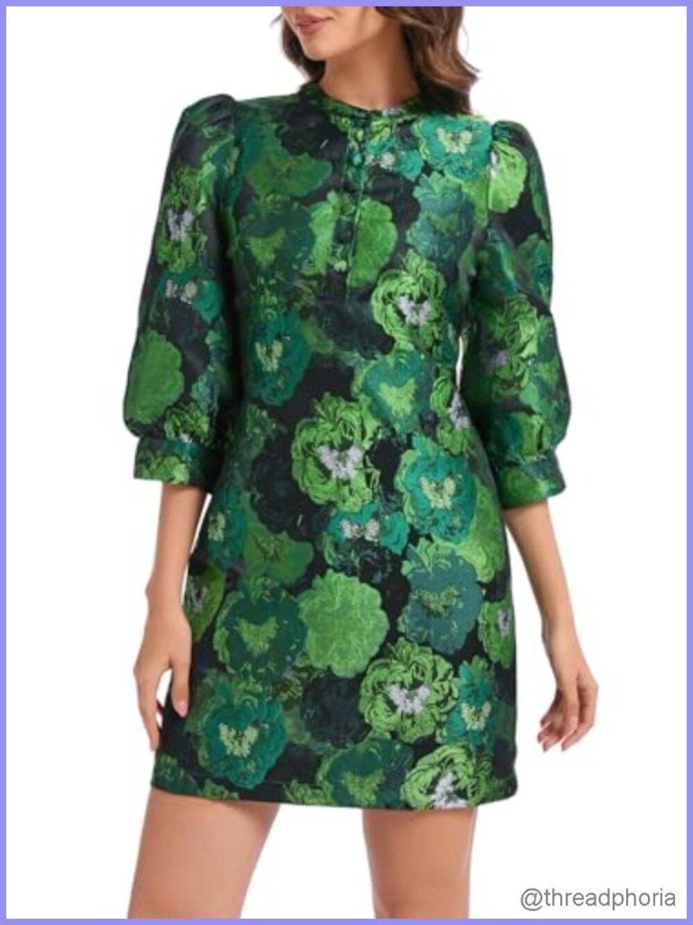 Women's Floral Jacquard Shift Mini Dress 3/4 Sleeve Button Front Cocktail Party